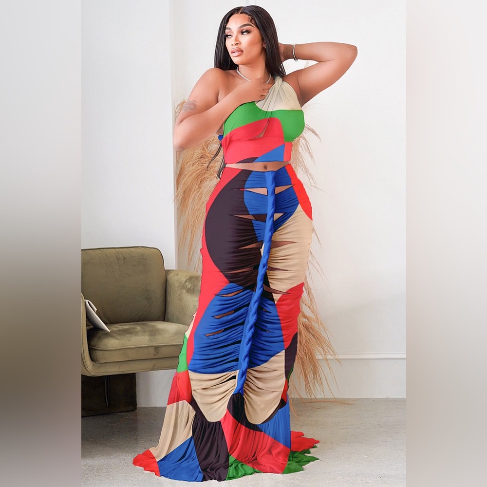 Colorblock fishtail, long skirt set XL new stretch maxiskirt dress